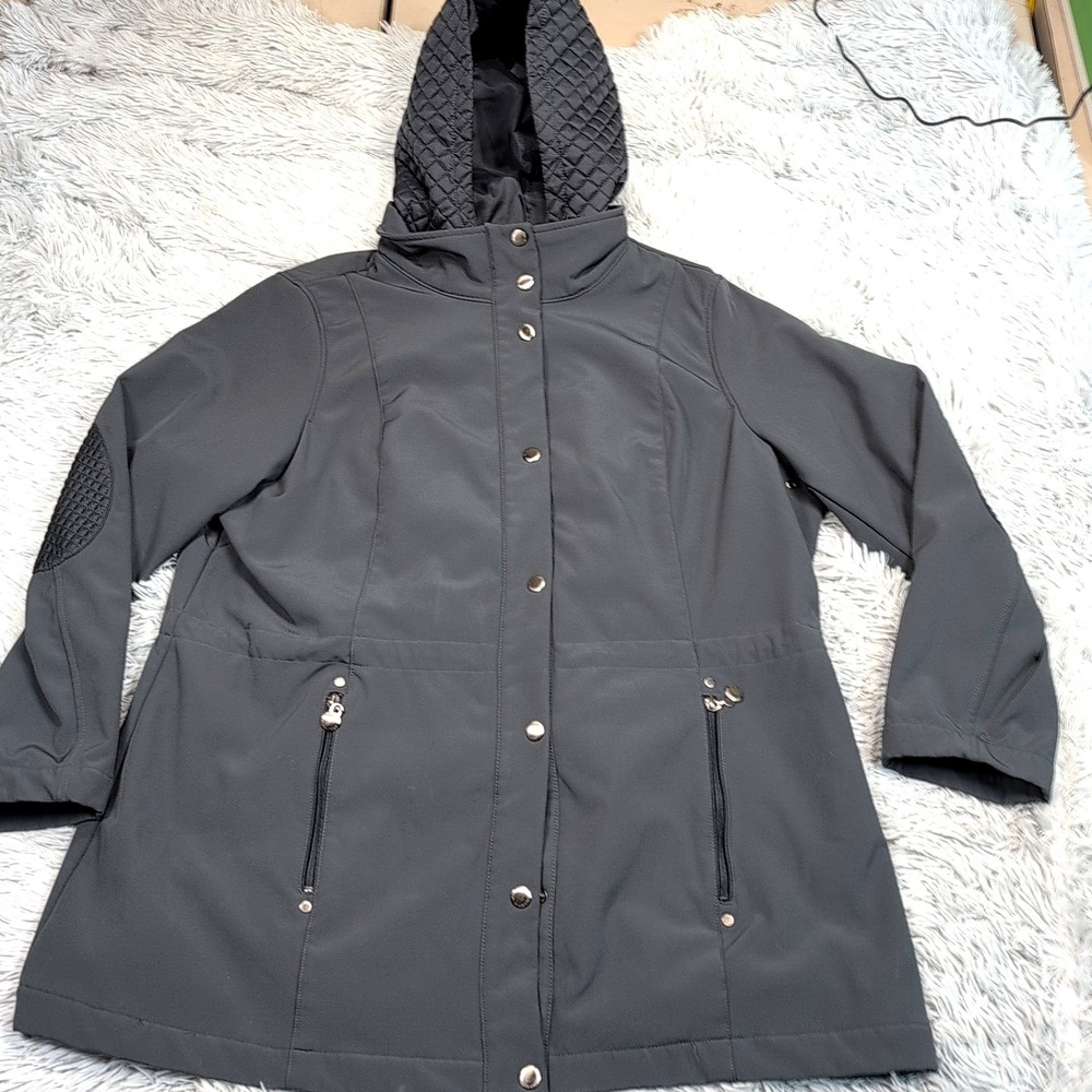Liz Claiborne Jacket Womens 1X Gray Hoodie Pockets Snap Up Comfort Warm